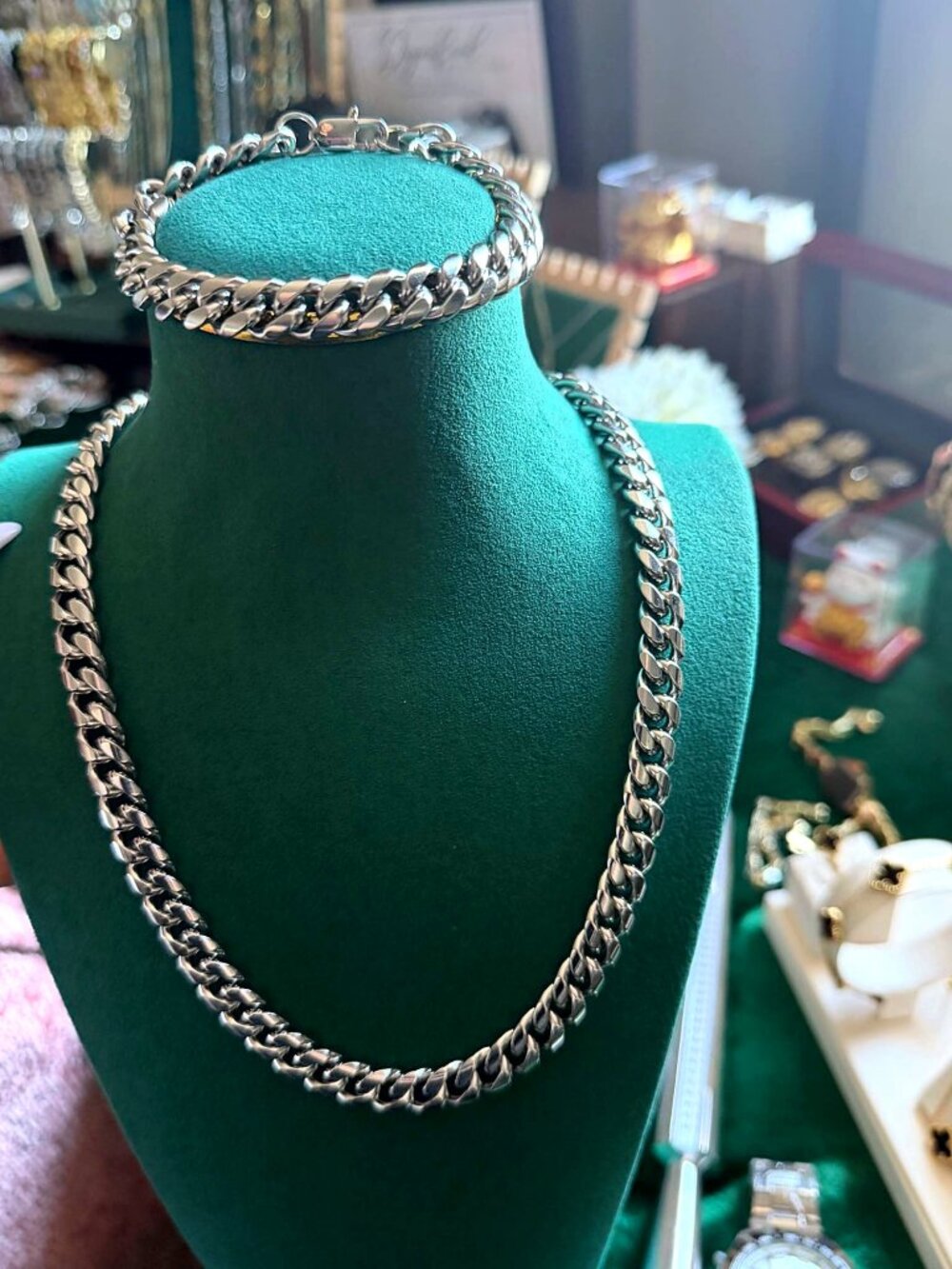 Cuban Link Chain Necklace Bracelet Set 925 Silver Plated Stainless Steel 20in